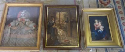 3 framed prints: Edw barge scene,  17th C girl & Mary & Jesus