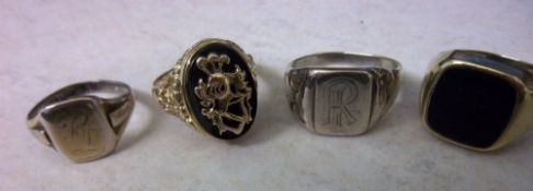 2 Gents silver rings, approx size R 1/2 & U, and 2 gents 8ct gold signet rings, approx size R1/2 &