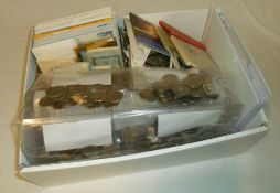 Box inc various coins, postcards etc