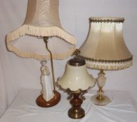 3 lamps with shades, inc one onyx style & lamp without shade