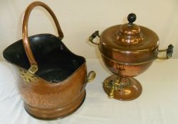 Large copper coal scuttle and copper urn