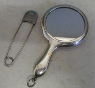 Sm silver hand mirror, Birm 1913 & silver safety pin