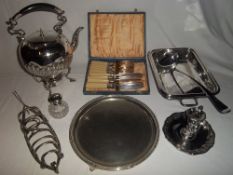 Sel of S P inc toast rack, kettle, cased cutlery set, etc