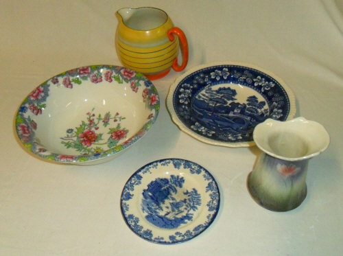 Copeland late Spode bowl, Copeland Spode 'Tower' soup bowl, sm dish, Art Deco jug & vase