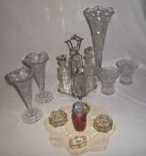 Sel of cut glass inc tall fluted vase, two pairs of vases, full condiment set, etc