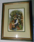 Colin Carr watercolour of gardener in potting shed, size approx 37 cm x 46 cm