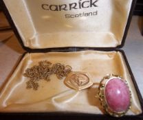 Ladies 8ct gold filigree design with pink stone, approx size Q, & 9ct gold St Christopher pendant on