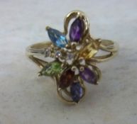 9ct gold multi stone amethyst/garnet/topaz/citrine/peridot & diamond butterfly ring - size approx U