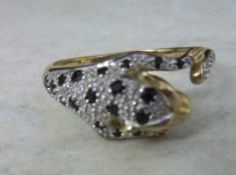 9ct gold sapphire & diamond panther ring - size approx T