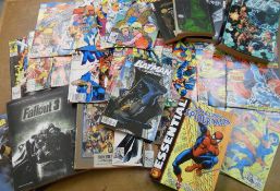 Lg box of comics & books inc Fallout 3 strategy guide, Batman, X Men, Spiderman etc