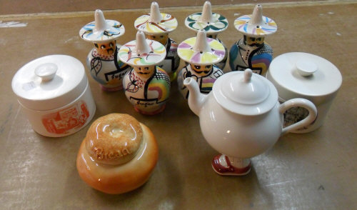 6 sugar shakers by Toni Raymond, 2 Carlton ware Guiness lidded pots, footed teapot & bread sauce