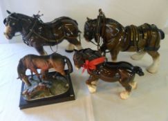 2 shire horses & 2 other horse figurines