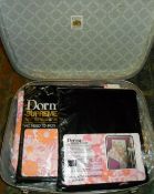 Suitcase of vintage linens inc packaged sheets, aprons, Empress night wear, etc