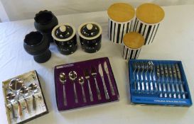 T G Green tea canisters, 2 black glass vases, 3 boxes of stainless steel cutlery etc