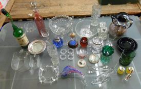 Box of various glassware inc coloured glass dolphin, paperweights, blue glass lighter etc