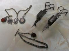 Silver fob chain with medallions, silver chain with fob & 2 candle snuffers / wick cutters