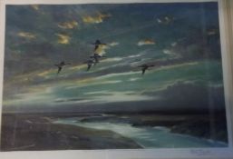 Signed print by Peter Scott of birds in flight, 79cm x 59cm