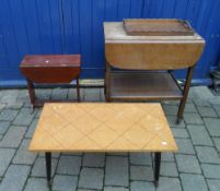 1960's coffee table, oak trolley, tray & sm drop leaf table