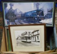 Box of train/transport related pictures & prints
