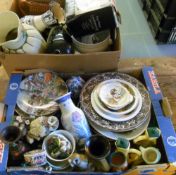 2 lg boxes of ceramics inc collectors plates, salt & pepper pots, owl figures etc