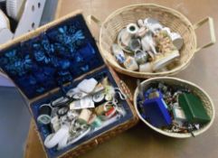 Sewing box full of sewing accessories, crested china & costume jewellery etc