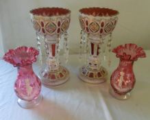 Pr of glass lustres & pr of cranberry glass vases