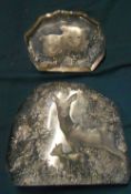2 intaglio glass paperweights depicting lion & cub and deer with fawn
