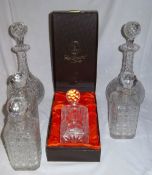 Boxed decanter, 3 glass decanters & 2 tall decanters