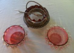 2 cranberry glass bon bon dishes & a jam dish in a silver plate mount with spoon