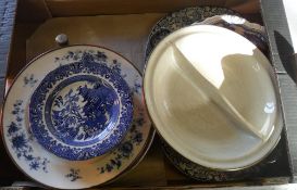 Blue & White meat dishes & tureen stands, willow pattern plates, 2 Edw warming plates etc