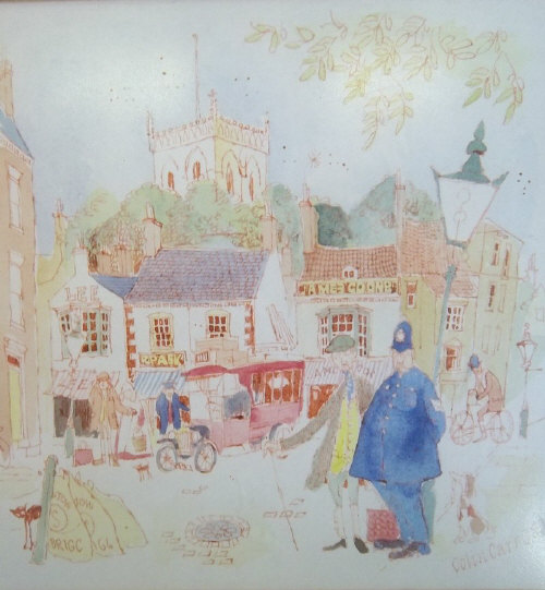 Framed watercolour depicting policeman in village scene signed by the artist Colin Carr '78 size