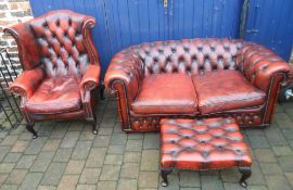 2 seater leather Chesterfield sofa, arm chair & footstool