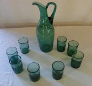 Hand made green glass jug & 8 tumblers