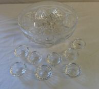 Cut glass bowl & 8 individual glass butter pots