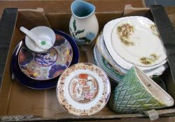 Box of mixed ceramics inc Stanley vase, Imari ware style plate etc