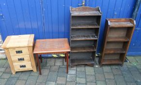 2 sm oak book shelves, sm carved mah table & a modern pine bed side cabinet