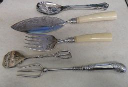 S.P cake servers with silver collars, salad servers, serving fork, tongs & 2 S.P teaspoons