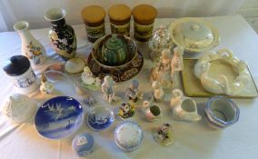 Box of ceramics inc Copenhagen, Wedgwood spray scent bottle, tea/coffee/sugar canisters etc