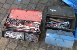 4 tool boxes containing tools & a Snap on 1/2" ratchet
