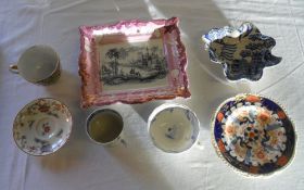Pink lustre wall plaque, 3 early 19th C cups, willow pattern leaf dish etc