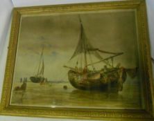 Sea scape framed watercolour depicting ships anchored on a beach, by Herbert, size approx 47 x 38