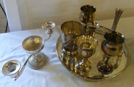 S.P tray, candlestick, goblets & silver tea caddy spoon, 0.5 oz approx, Birm 1925