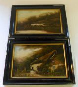 2 framed oil paintings on board of cottages by H Burton