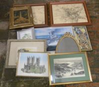 2 framed reproduction maps of Cambridge & Buttermere, oil on board of a market cross, print of HMS