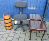 Office swivel chair, 2 sm occ tables, oak coal scuttle & plant stand