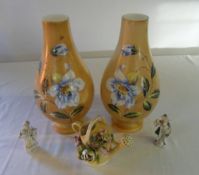 2 hand painted glass vases, porcelain watering can & 2 sm figures