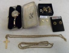 Ladies 9ct gold watch and various 9ct gold earrings & chains