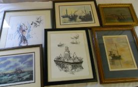 Box of various pictures inc Grimsby trawlers, boats etc