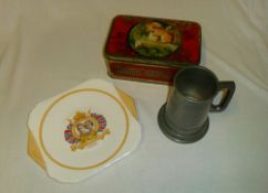 Squirrel confectionary tin, musical tankard & commemorative bread & butter dish