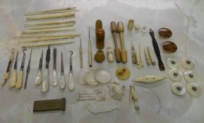 Crochet hooks, various bone items inc pen knife, mother of pearl button hooks etc